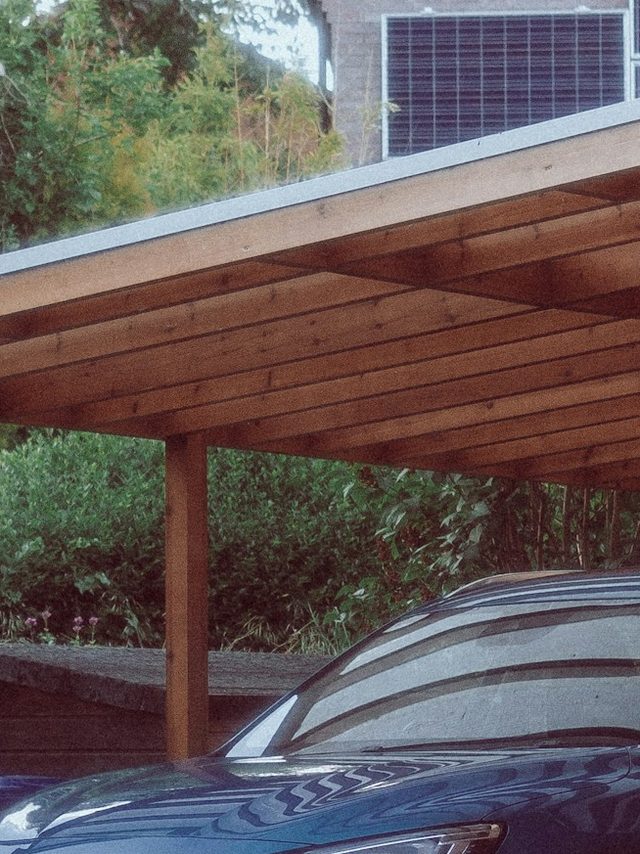 Carport aus Holz: Pfosten und Dachbalken aus hellem Nadelholz von unten gesehen