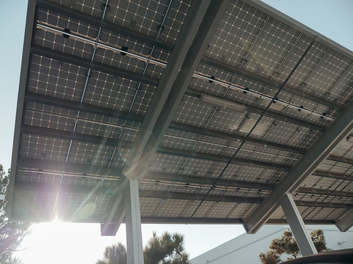 Solarmodule auf einem Carportdach von unten gesehen, die Sonne scheint durch die Unterkonstruktion