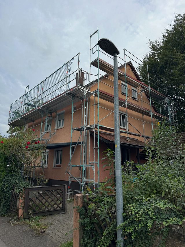 Wohnhaus hinter einer Hecke, das Ger&uuml;st tr&auml;gt oben ein Netz, im Vordergrund eine Stra&szlig;enlaterne