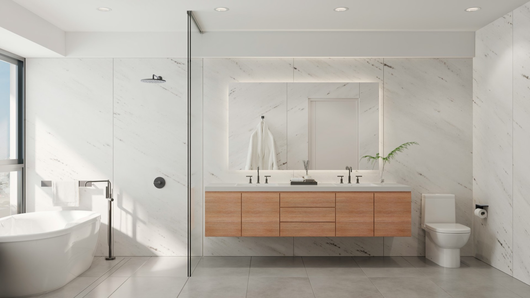 Fertig ausgebautes Badezimmer mit gro&szlig;formatigen Fliesen und moderner Dusche &ndash; Innenausbau von Sch&ouml;nwald Handwerkerservice in Leingarten