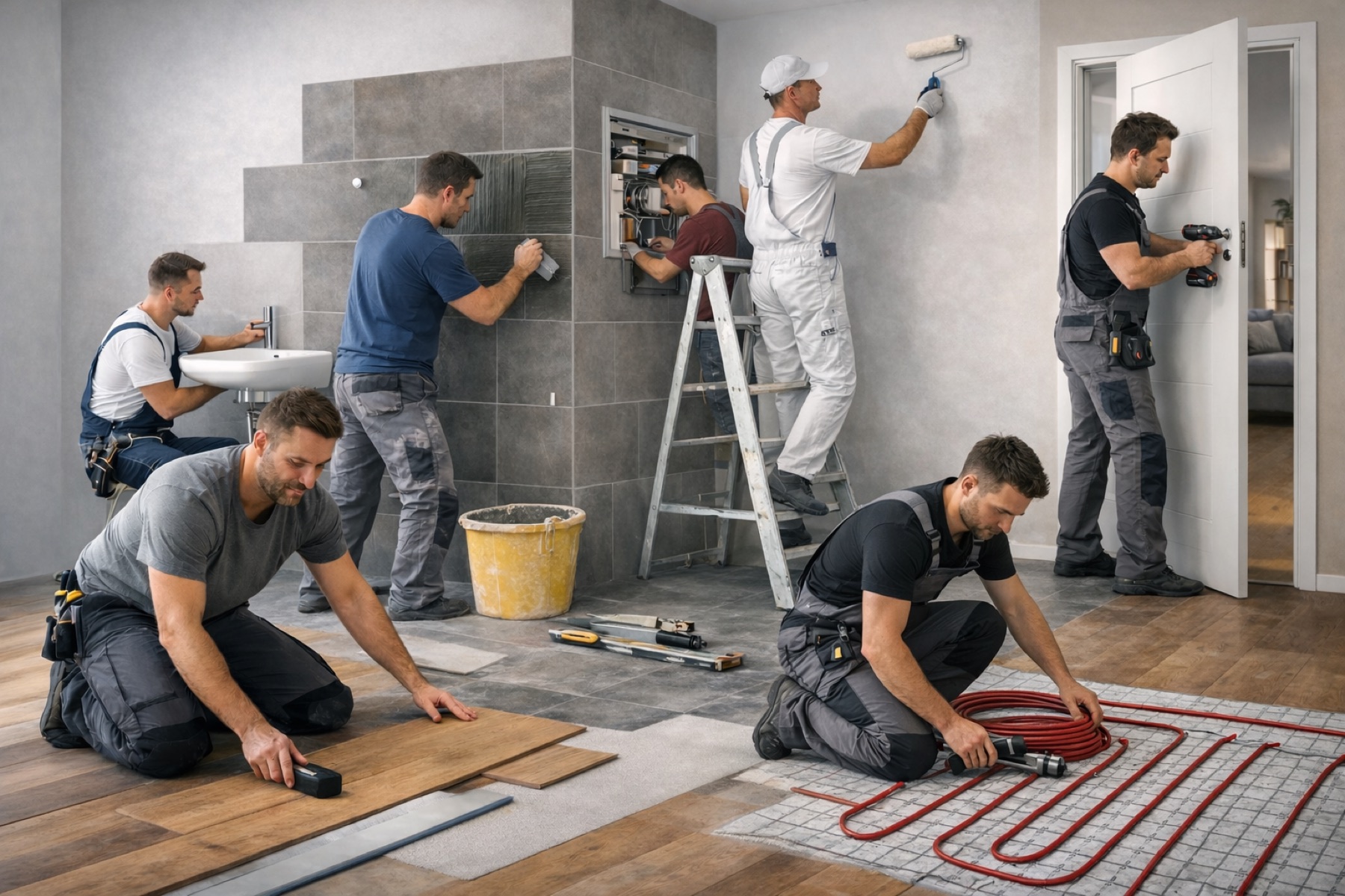 Handwerker beim Innenausbau eines Neubaus